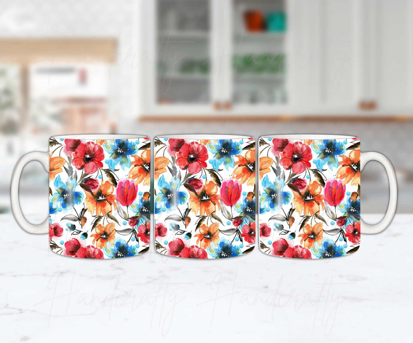 Customizable red and blue flowers coffee mug, personalized coffee mug, watercolor coffee mug