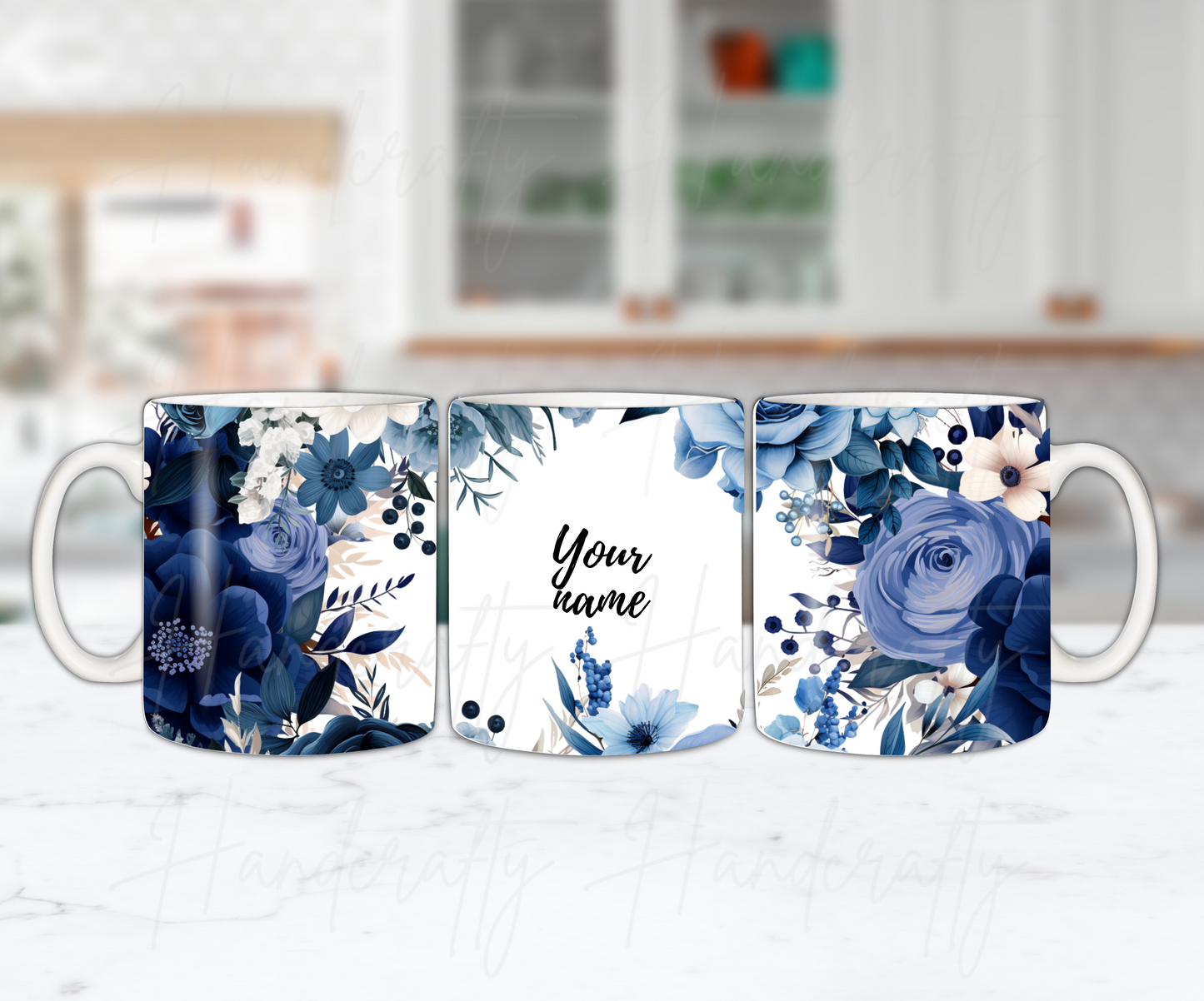 Customizable dark blue flowers coffee mug, personalized coffee mug, customized flower mug, watercolor flowers mug, personalized coffee mug