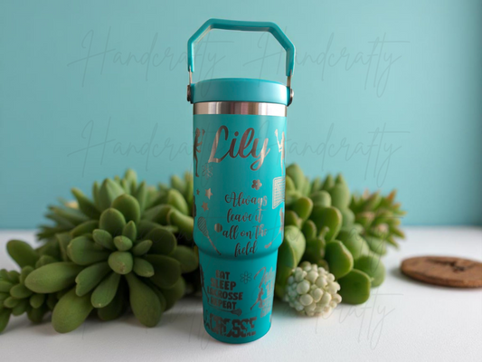Personalized laser engraved lacrosse flip straw insulated tumbler, lacrosse coach insulated stainless steel tumbler, lacrosse team cup