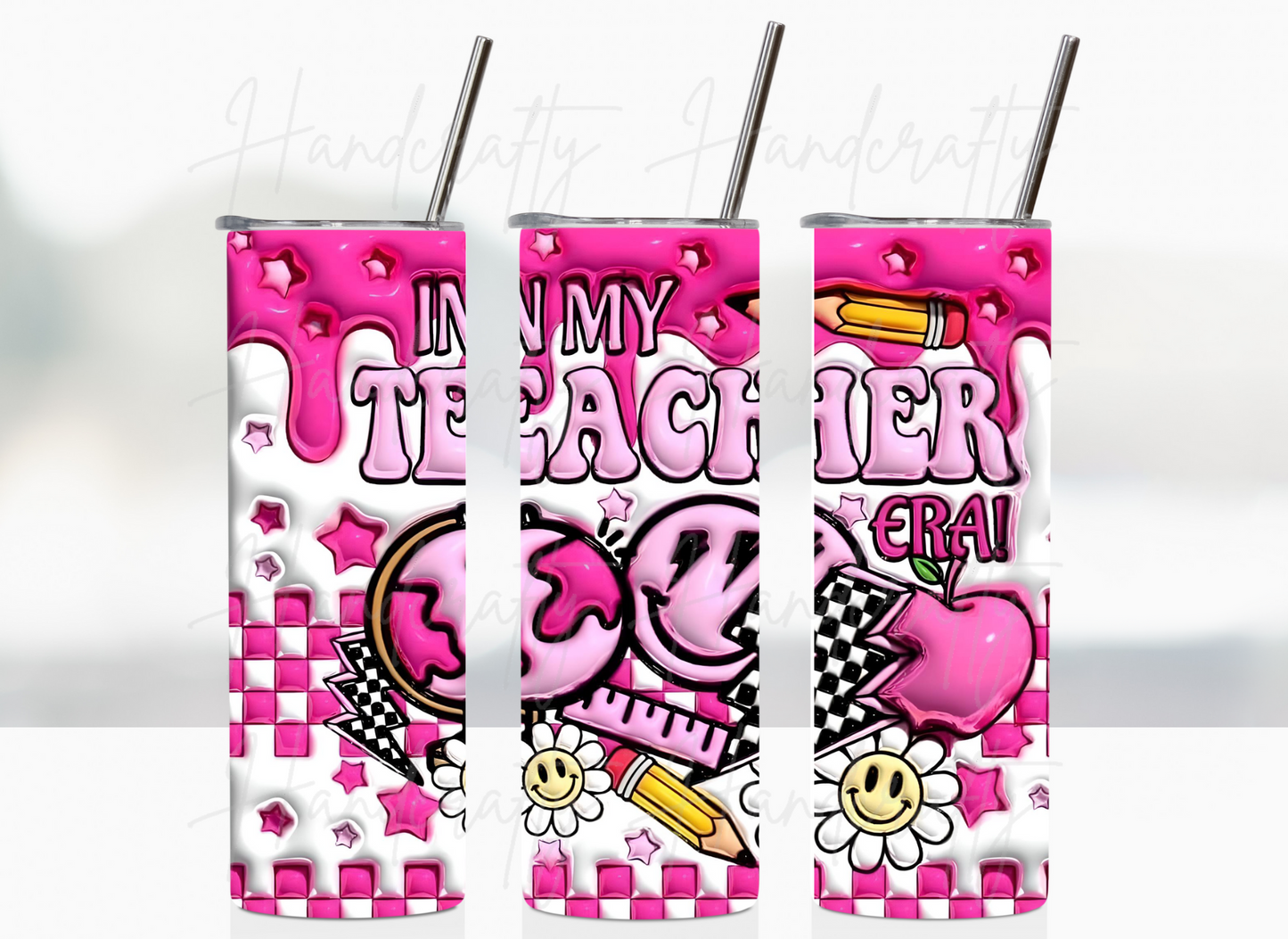 in my teacher era 3d puff tumbler, teacher insulated tumbler, double wall insulated tumbler, teacher gift ideas, teacher appreciation, gift for teacher, regalos para profesora, termo para profesora, termo for teacher, teacher tumbler cup, teacher cup, in my teaching era cup, retro design tumbler, 3d puff tumbler.,
