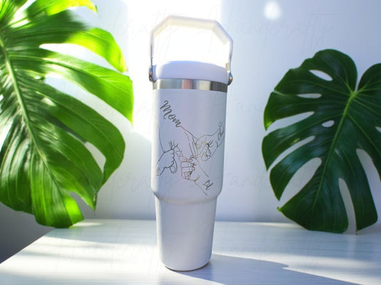 Personalized Mother’s Day tumbler, Custom mom tumbler, Laser engraved tumbler for mom, Stainless steel tumbler for Mother’s Day, Mom holding hands with kids tumble, Mother’s Day gift idea, Engraved tumbler for mom, Custom family tumbler, Mom with kids personalized tumbler, Insulated tumbler for mom, Personalized Mother’s Day gift with kids' names, Custom tumbler with mom and children illustration, Stainless steel tumbler with up to 7 kids, Mother’s Day gift mom holding hands with children, Engraved tumbler