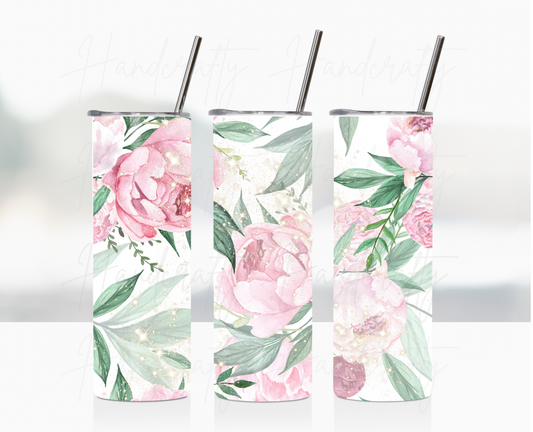 Pink watercolor flowers customizable insulated tumbler,  laser engraved customized tumbler, personalized stainless steel tumbler.L IP STRAW SKINNY TUMBLER, PERSONALIZED SKINNY TUMBLER