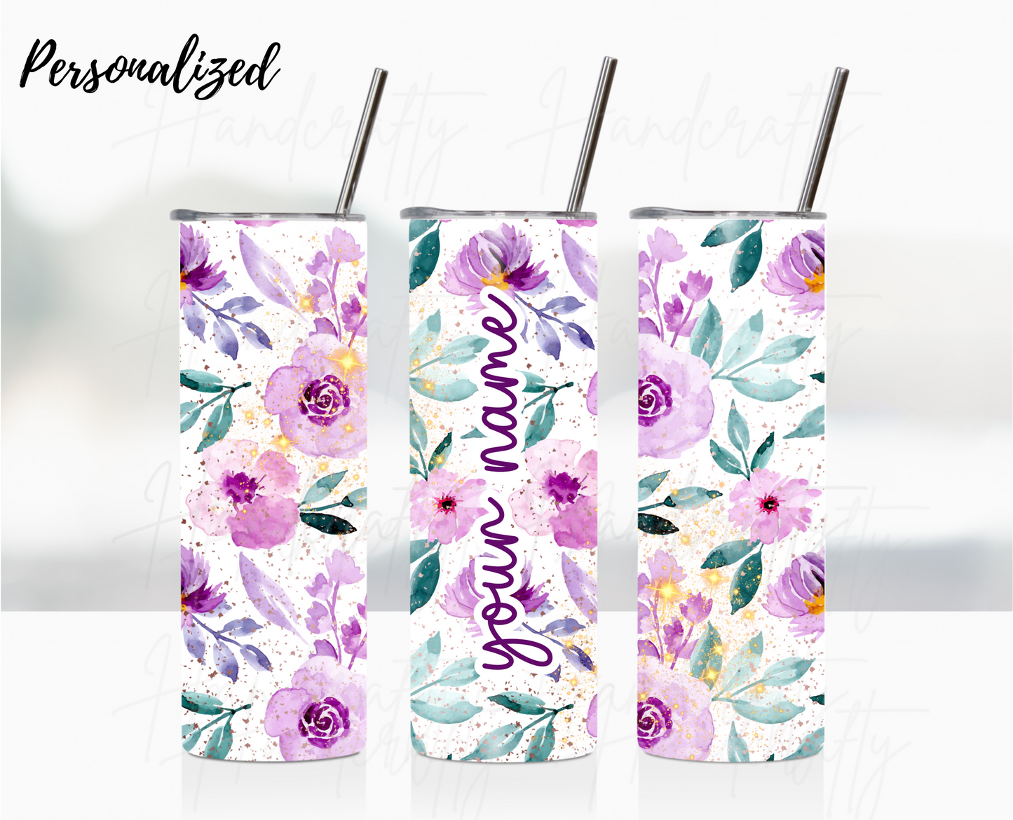 Purple watercolor flowers customizable tumbler, laser engraved customized tumbler, personalized stainless steel tumbler.