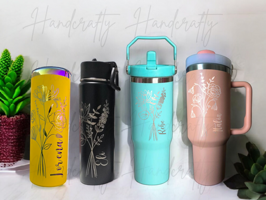 Personalized stainless steel tumbler, Laser engraved tumbler, Birth flower tumbler, Monogram tumbler, Custom engraved tumbler, Floral engraved tumbler, Custom name tumbler, Insulated stainless steel tumbler, Personalized floral gift, Monogram drinkware, Personalized birth flower tumbler gift, Custom engraved monogram tumbler, Stainless steel tumbler with birth month flower, Floral insulated tumbler with name engraving, Best custom tumbler for birthday gifts