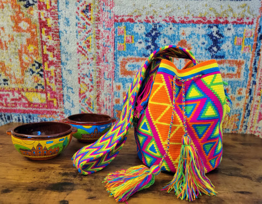 Large Wayuu Neon triangles Bag, Handmade bag, hand knitted bag