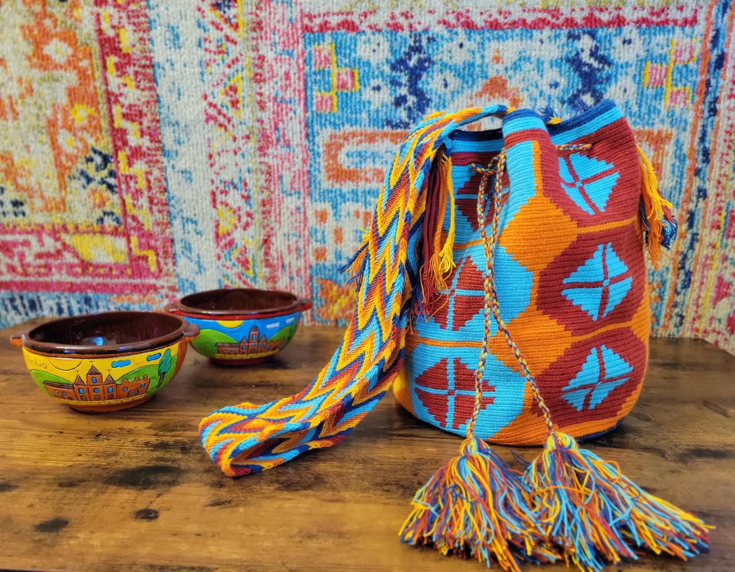 Large Wayuu Orange and Blue Bag, Handmade bag, hand knitted bag, mochila wayuu colorida, Colombian mochilas, Colombian bags