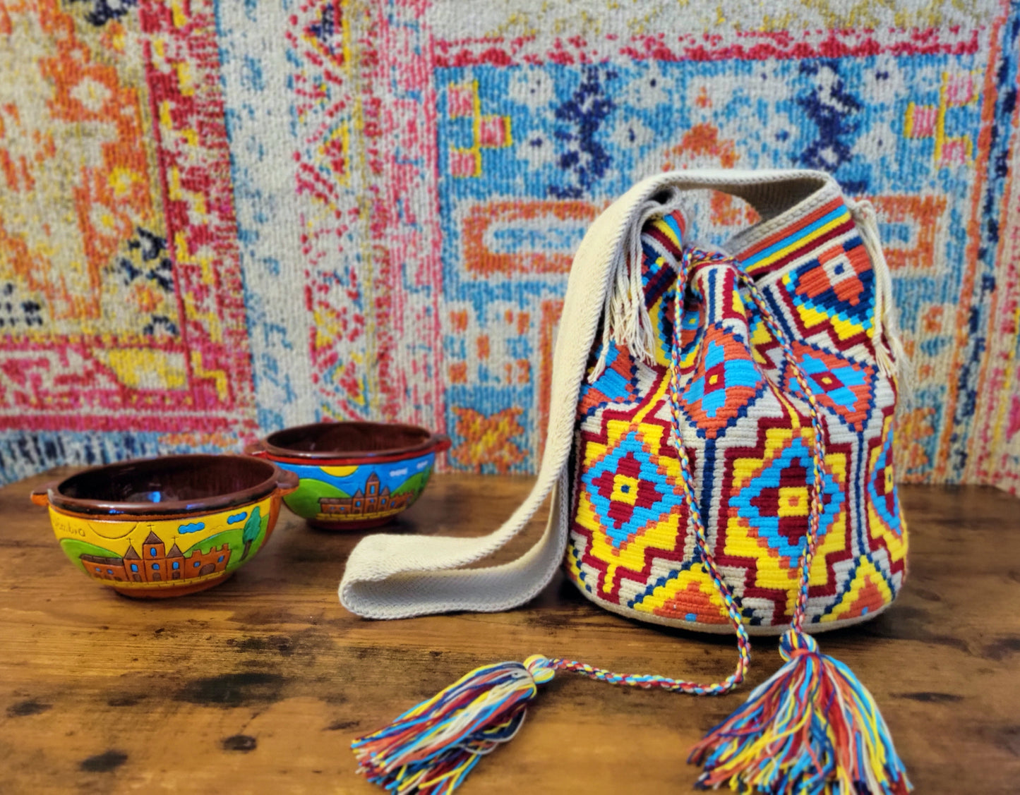 Large Wayuu Beige Bag, Handmade bag, hand knitted bag, mochila wayuu colorida, Colombian mochilas, Colombian bags