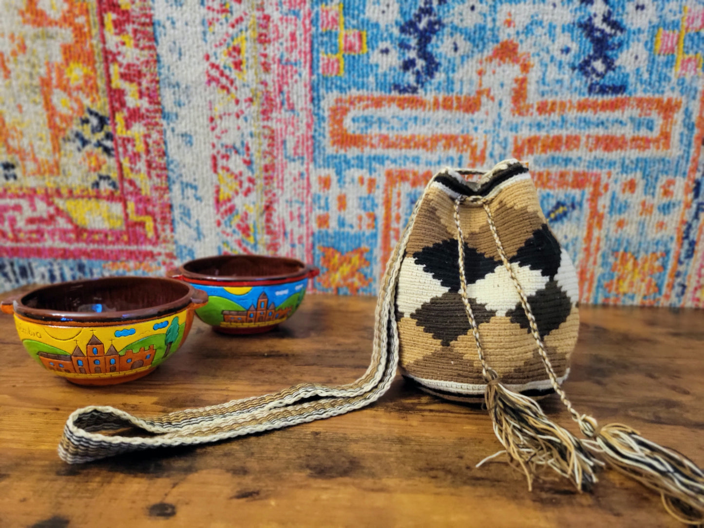 Small Wayuu Brown Bag, Handmade bag, hand knitted bag, mochila wayuu colorida, Colombian mochilas, Colombian bags