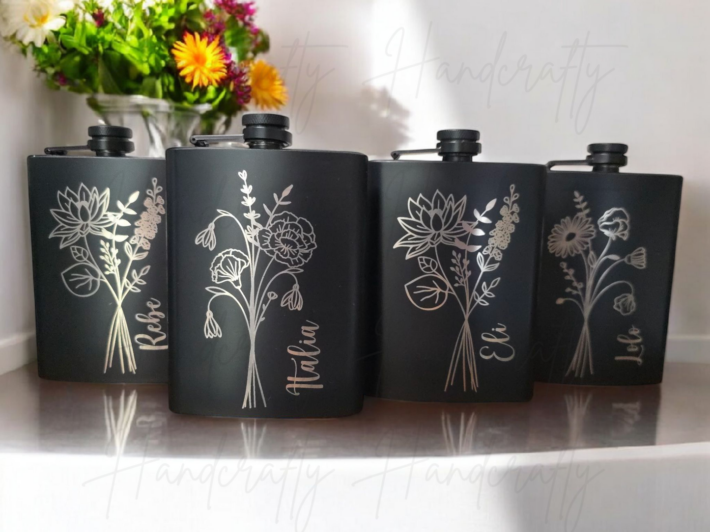 Personalized engraved flask, Birth flower flask, Monogram stainless steel flask, Custom engraved flask, 8oz stainless steel flask, Laser engraved flask, Custom flask with birth flower, Engraved monogram flask, Personalized stainless steel hip flask, Unique flask gift for women/men, Custom birthday gift flask, Floral engraved flask, Bridesmaid gift flask, Groomsmen personalized flask, Personalized birth flower flask gift for her, Custom monogram stainless steel flask for men, Engraved floral flask for brides