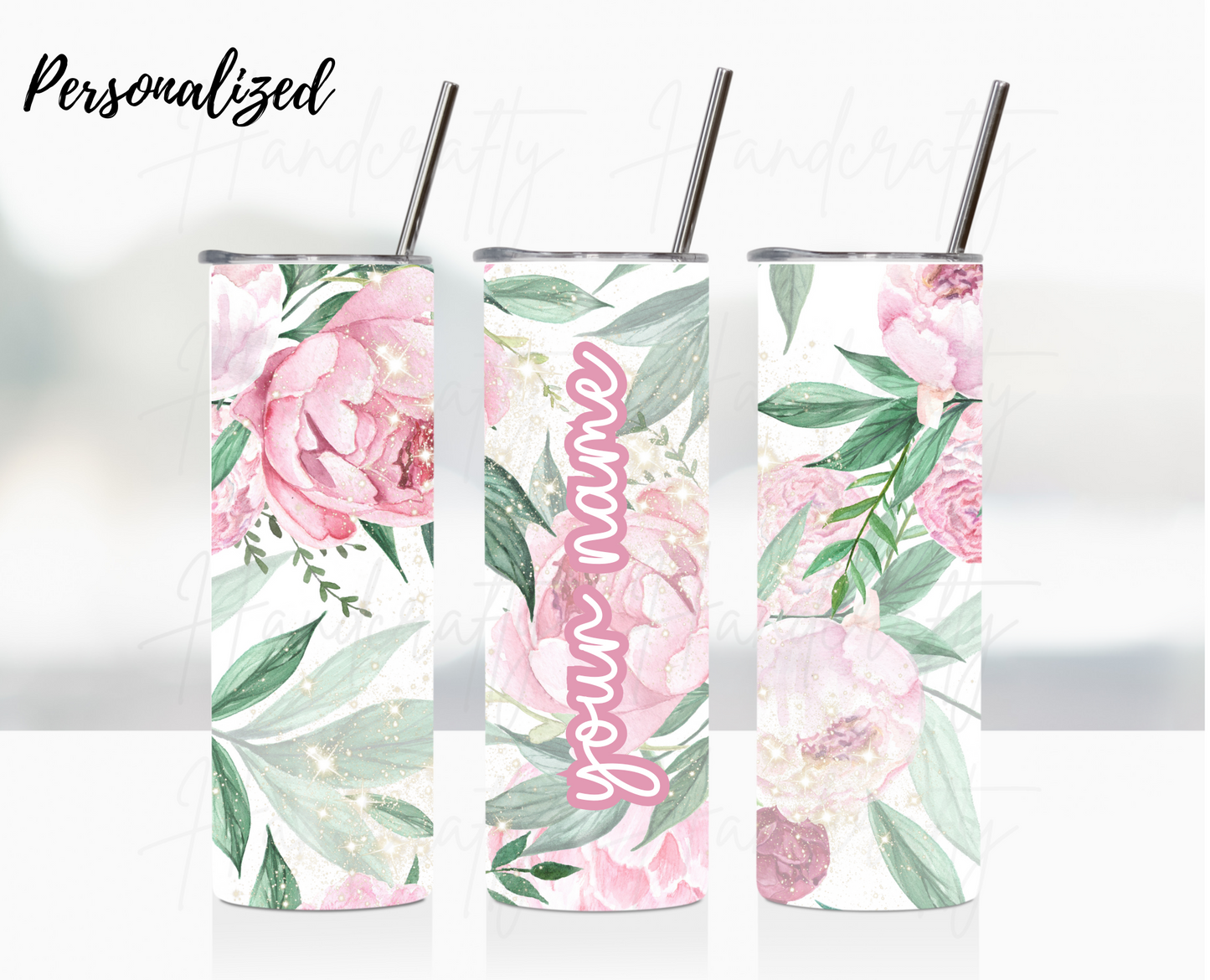 Pink watercolor flowers customizable insulated tumbler, laser engraved customized tumbler, personalized stainless steel tumbler. FLIP STRAW SKINNY TUMBLER, PERSONALIZED SKINNY TUMBLER