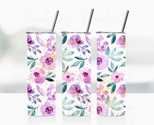 Purple watercolor flowers customizable tumbler, laser engraved customized tumbler, personalized stainless steel tumbler.