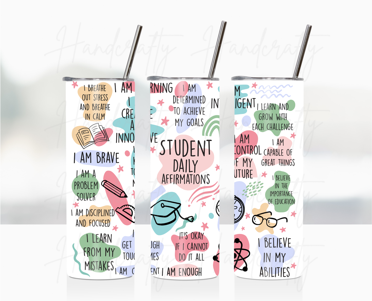 Stay motivated and focused throughout your academic journey with our Student Affirmations Stainless Steel Insulated Tumbler. Designed to inspire confidence and positivity, this tumbler is the perfect companion for busy students balancing classes, studies, and life.
Durable Stainless Steel: Made with high-quality, BPA-free materials, ensuring a safe and long-lasting drinkware option.
Superior Insulation: Keeps beverages hot or cold for hours, making it ideal for coffee-fueled mornings or refreshing drinks d