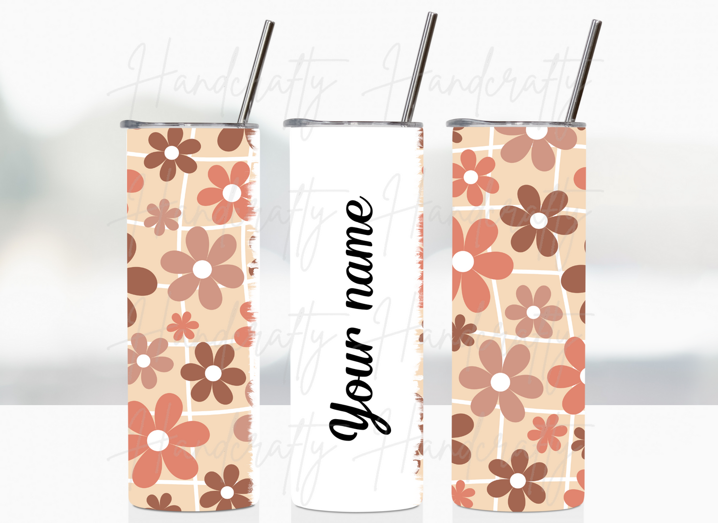 Retro flowers personalized insulated tumbler - Laser engraved name option