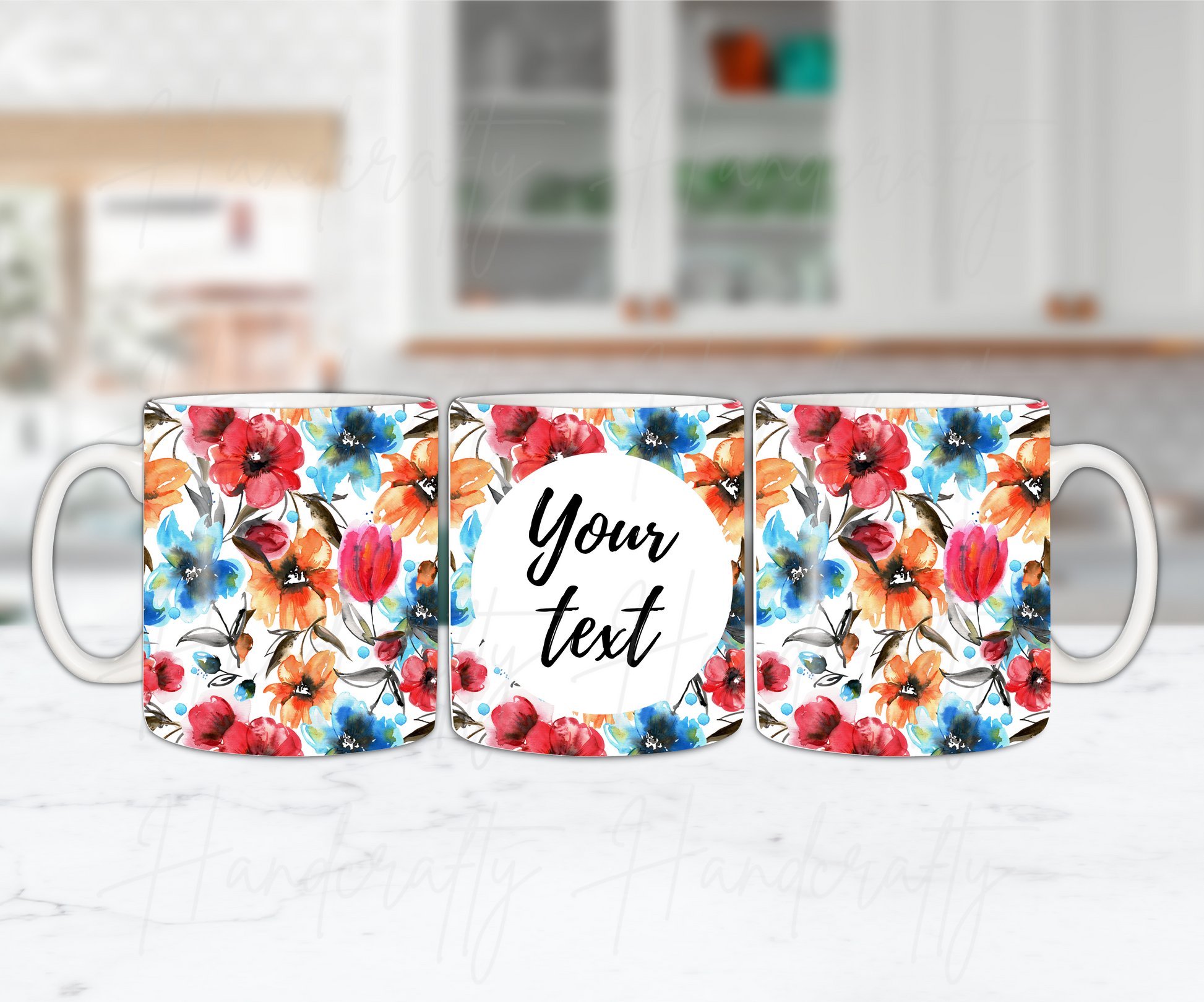 Customizable red and blue flowers coffee mug, personalized coffee mug, watercolor coffee mug