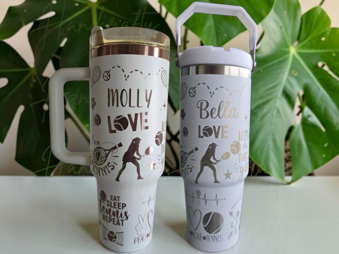 Personalized tennis tumbler with custom name and laser engraved tennis design, available in multiple bottle styles