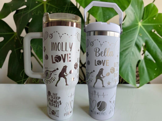 Personalized tennis tumbler with custom name and laser engraved tennis design, available in multiple bottle styles