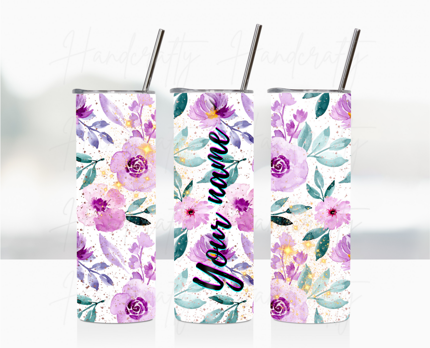Purple watercolor flowers customizable tumbler, laser engraved customized tumbler, personalized stainless steel tumbler.