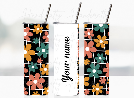 Retro flowers personalized insulated tumbler - Laser engraved name option