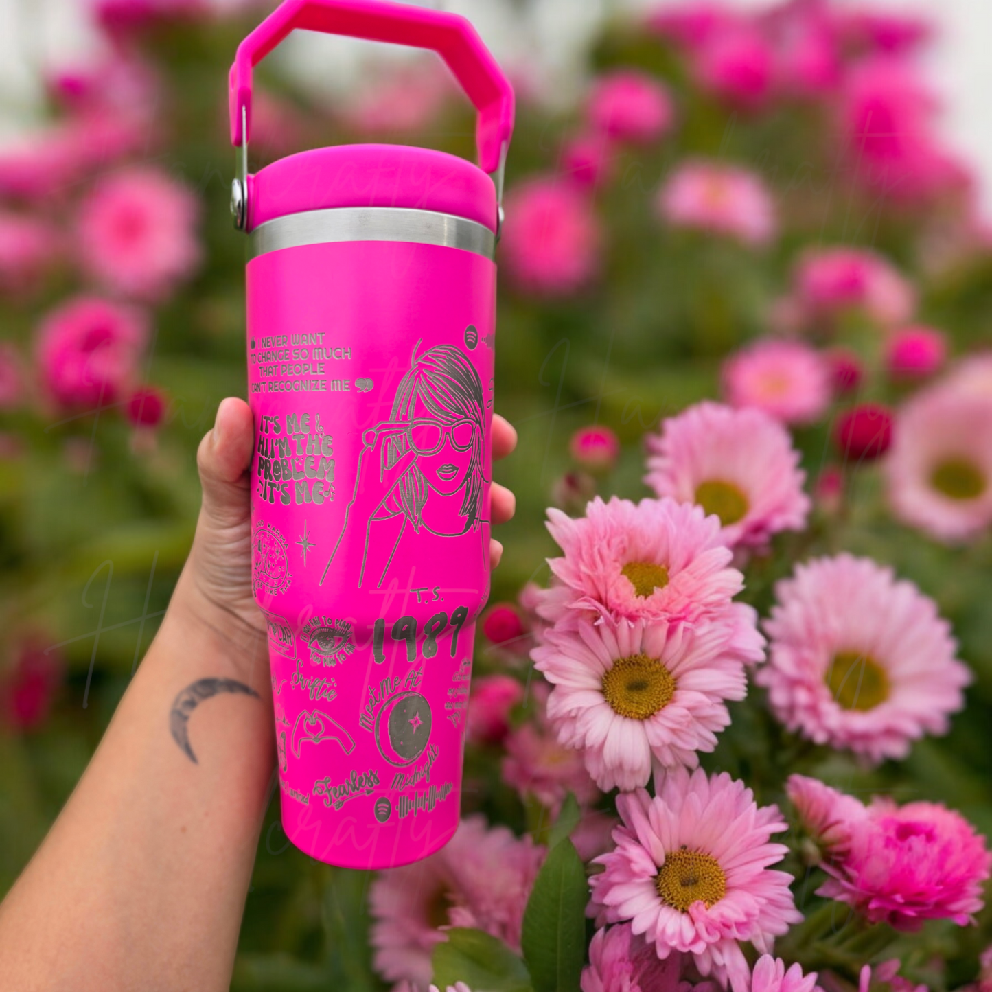 Swift-ie inspired stainless steel insulated laser engraved personalized flip straw water bottle, includes all albums