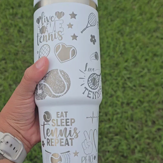 Personalized tennis tumbler with custom name and laser engraved tennis design, available in multiple bottle styles