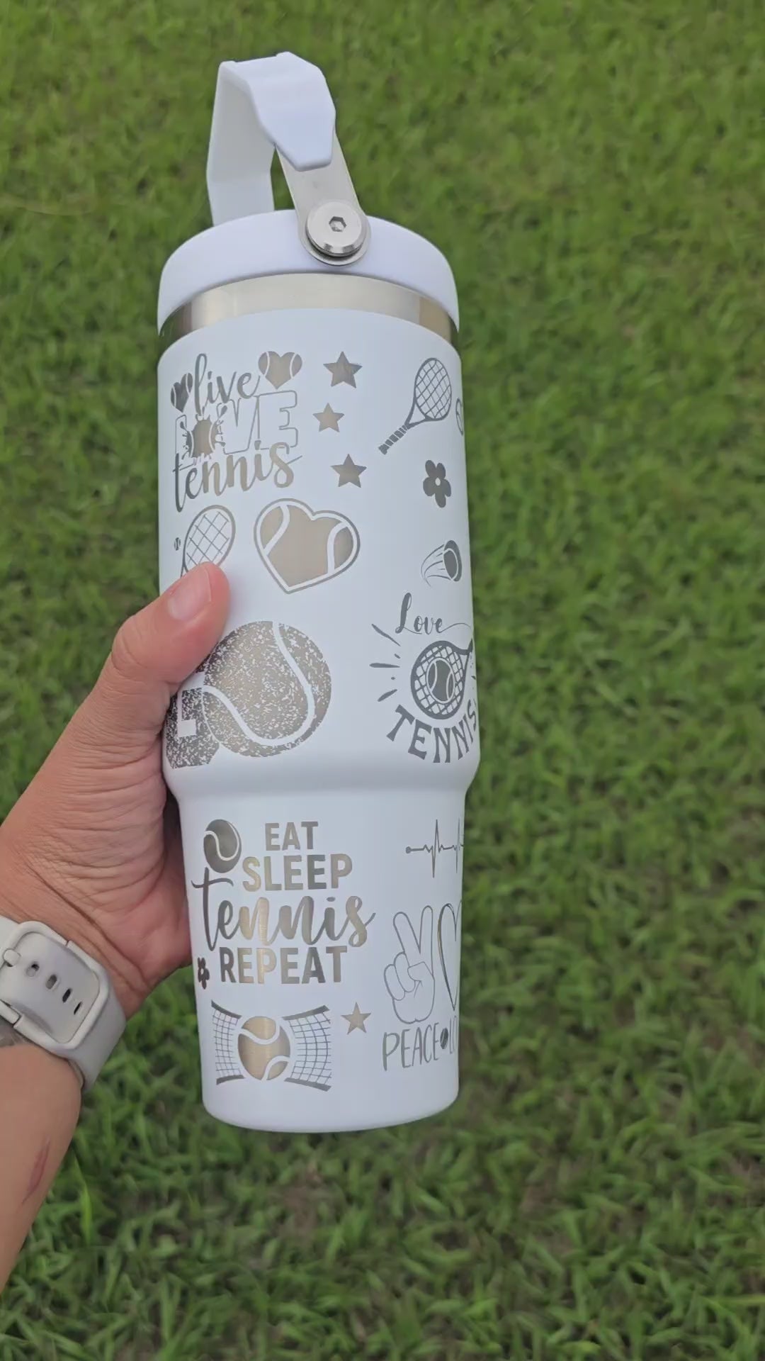 Personalized tennis tumbler with custom name and laser engraved tennis design, available in multiple bottle styles