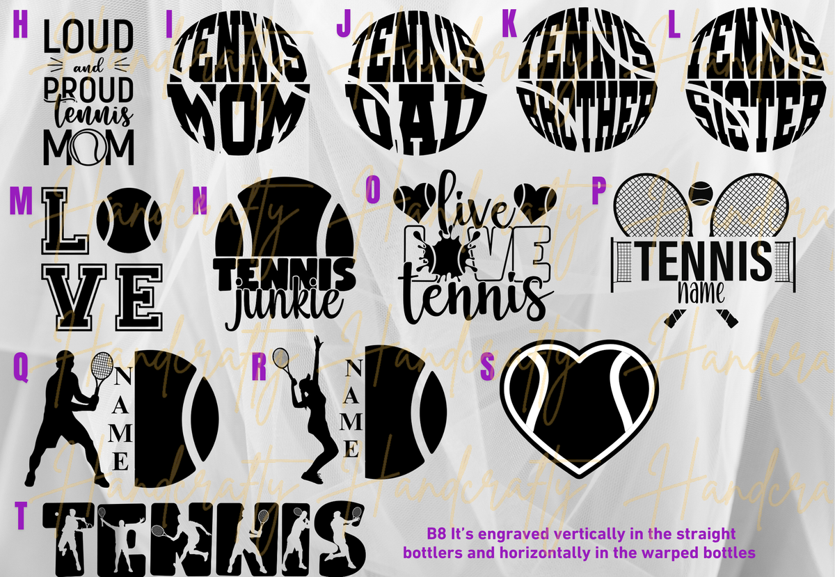 Laser engraved personalized tennis cup featuring tennis rackets, tennis balls, and tennis player design