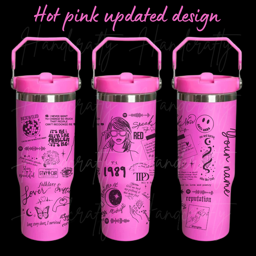 Swift-ie inspired stainless steel insulated laser engraved personalized flip straw water bottle, includes all albums