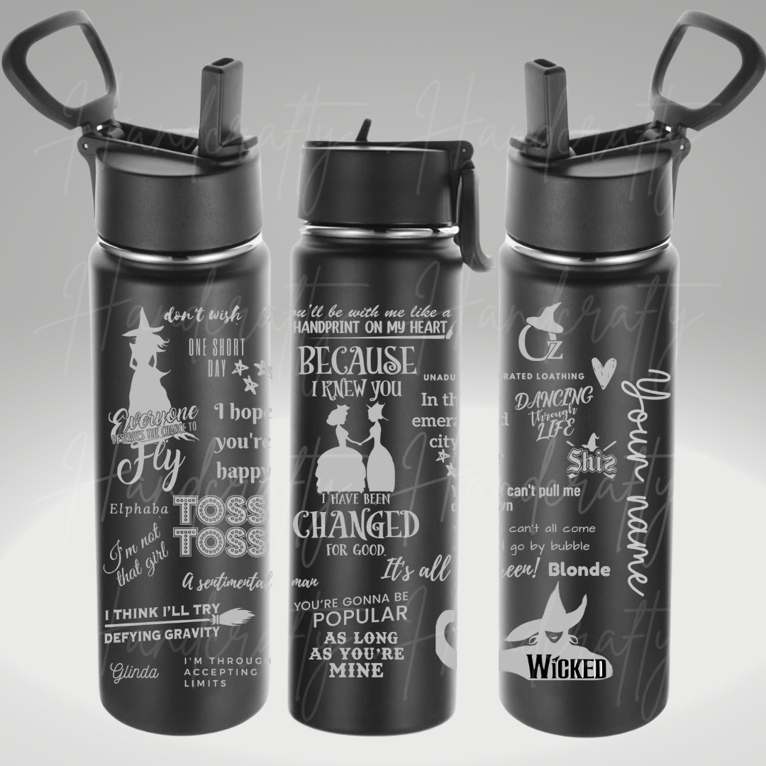 Wicked inspired double wall insulated powder coated stainless steel laser engraved flip straw water bottle cup.