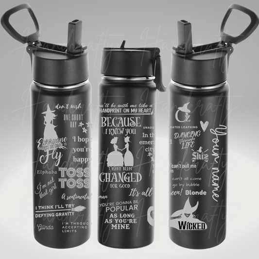 Wicked inspired double wall insulated powder coated stainless steel laser engraved flip straw water bottle cup.